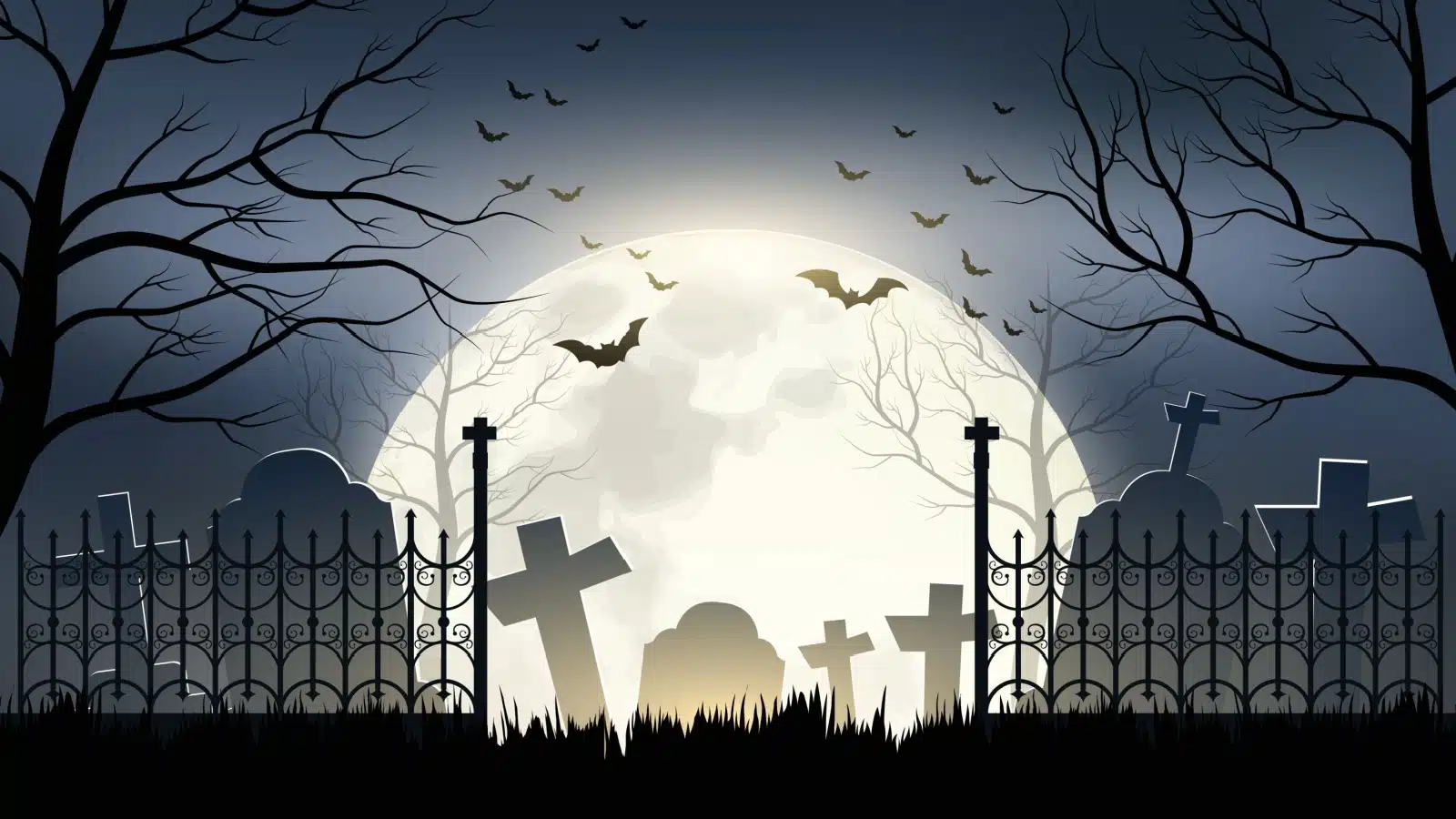 Cartoon image of a haunted looking cemetery at night. 