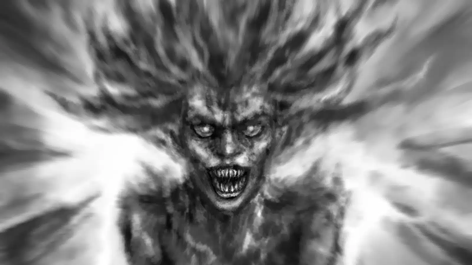 Black & White design of an evil monster made with chaotic flames to represent the chaotic evil character alignment in Dungeons & Dragons.