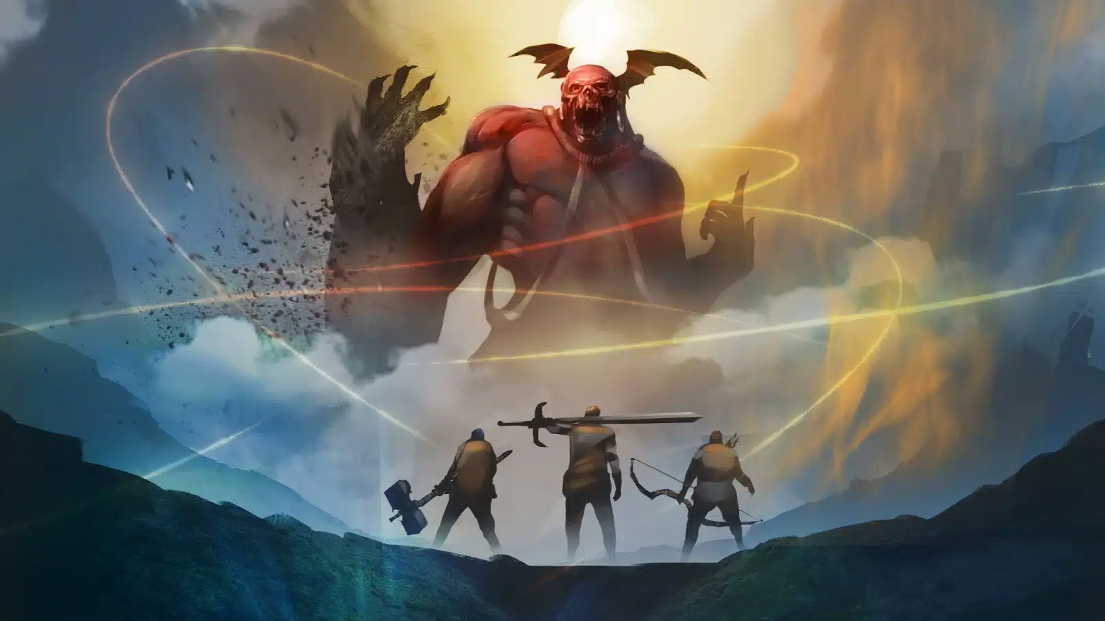 Digital art showcasing a battle against evil. Three heroes attempt to fight a giant demon.