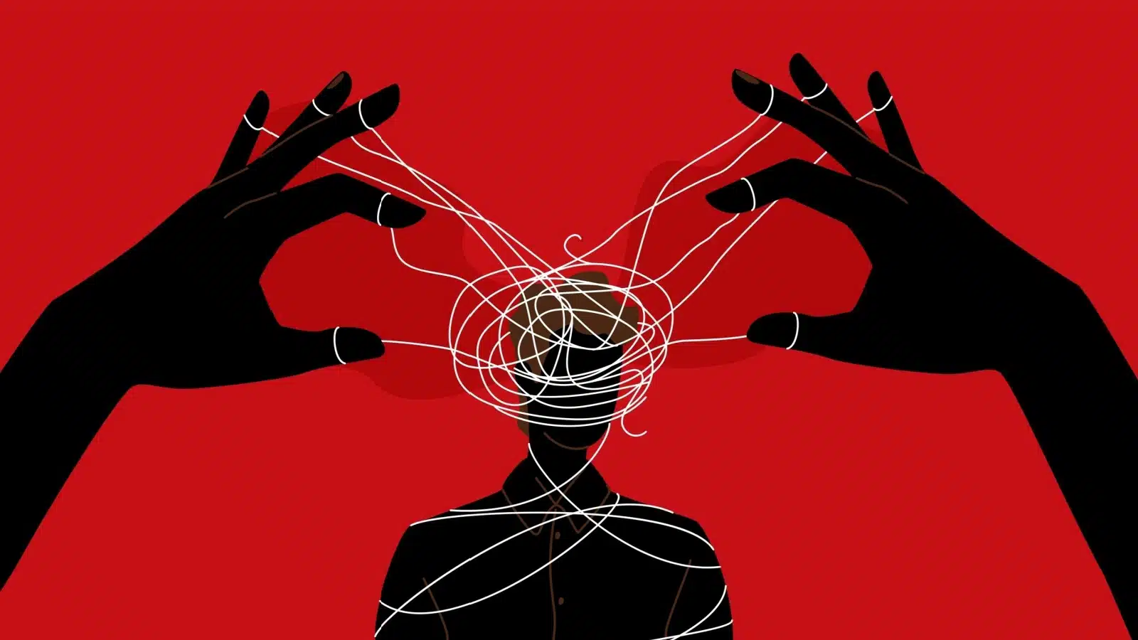 Concept art representing manipulation. Large hands tie strings around and in someone's mind.