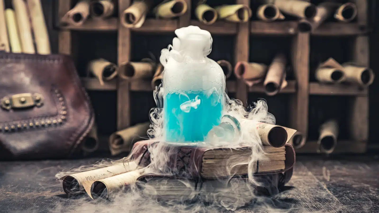 A magic potion that looks like a chemistry experiment rests on old books in an old lab, to represent the science behind how magic works.