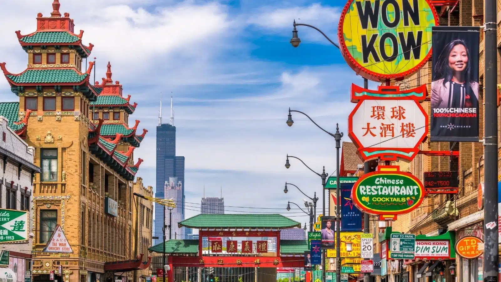 Chicago's Chinatown district with the Sears Tower in the background.