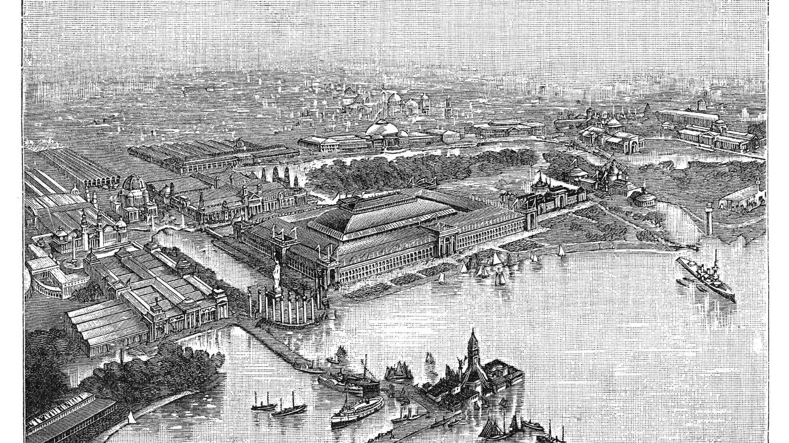 A historical illustration of Chicago featuring the world exhibition building during the Chicago World Fair in 1893. Illustration from Meyers Konversations-Lexikon 1897.c
