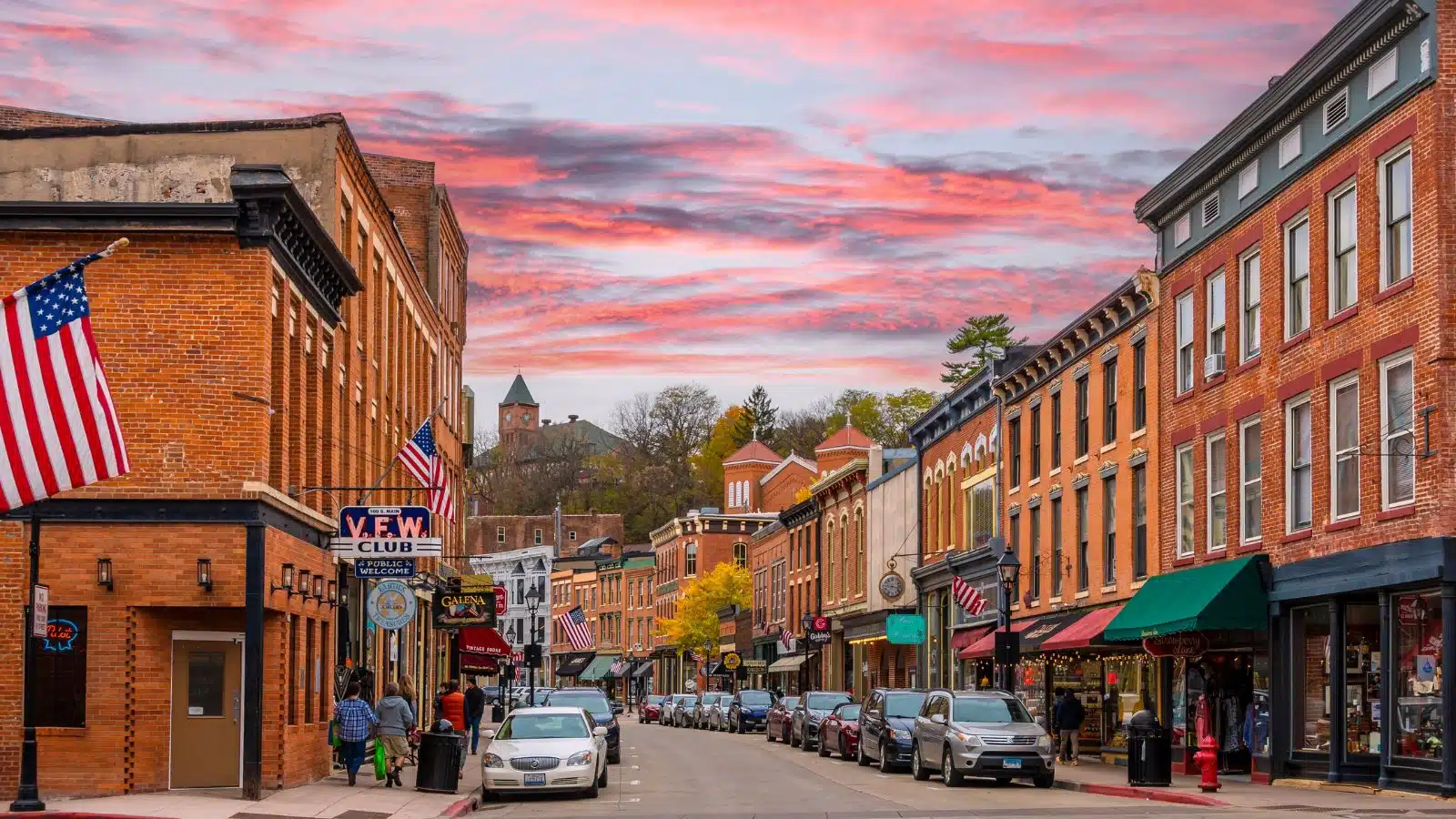Historic main street in Galena, IL, a charming small town.