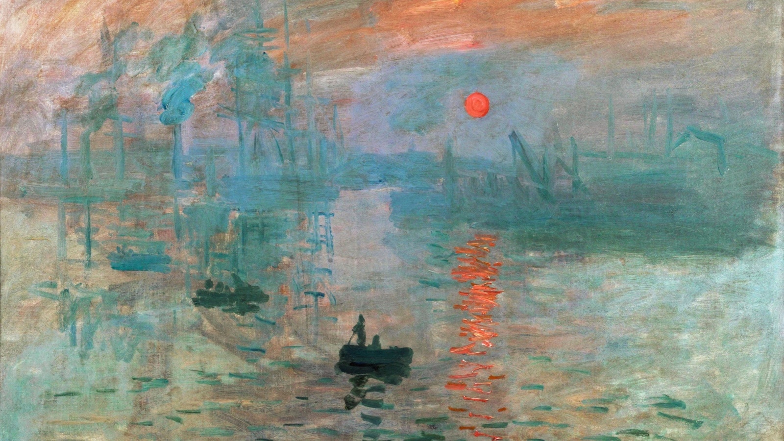 The painting that inspired the name of the Impressionist art movement - Impression of a Sunrise by Monet, one of the most influential Impressionist artists. 1600 x 900.
