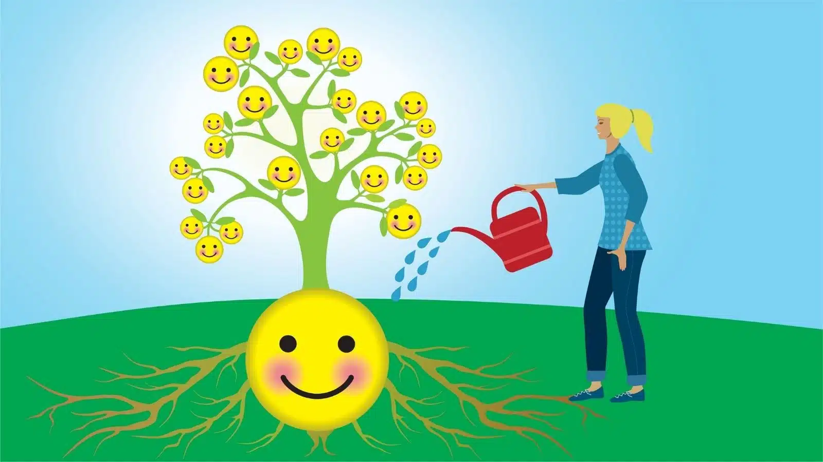 A woman waters a happiness tree, to represent cultivating happiness.