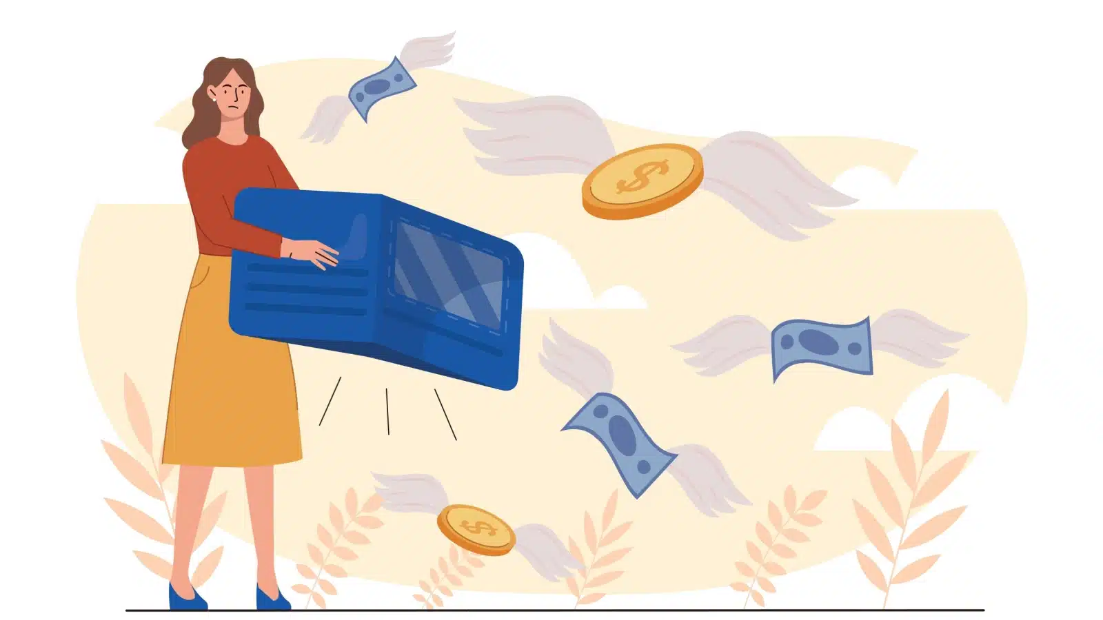 Illustration of a frustrated woman holding a giant wallet with money flying out of it to represent frugal mistakes. 