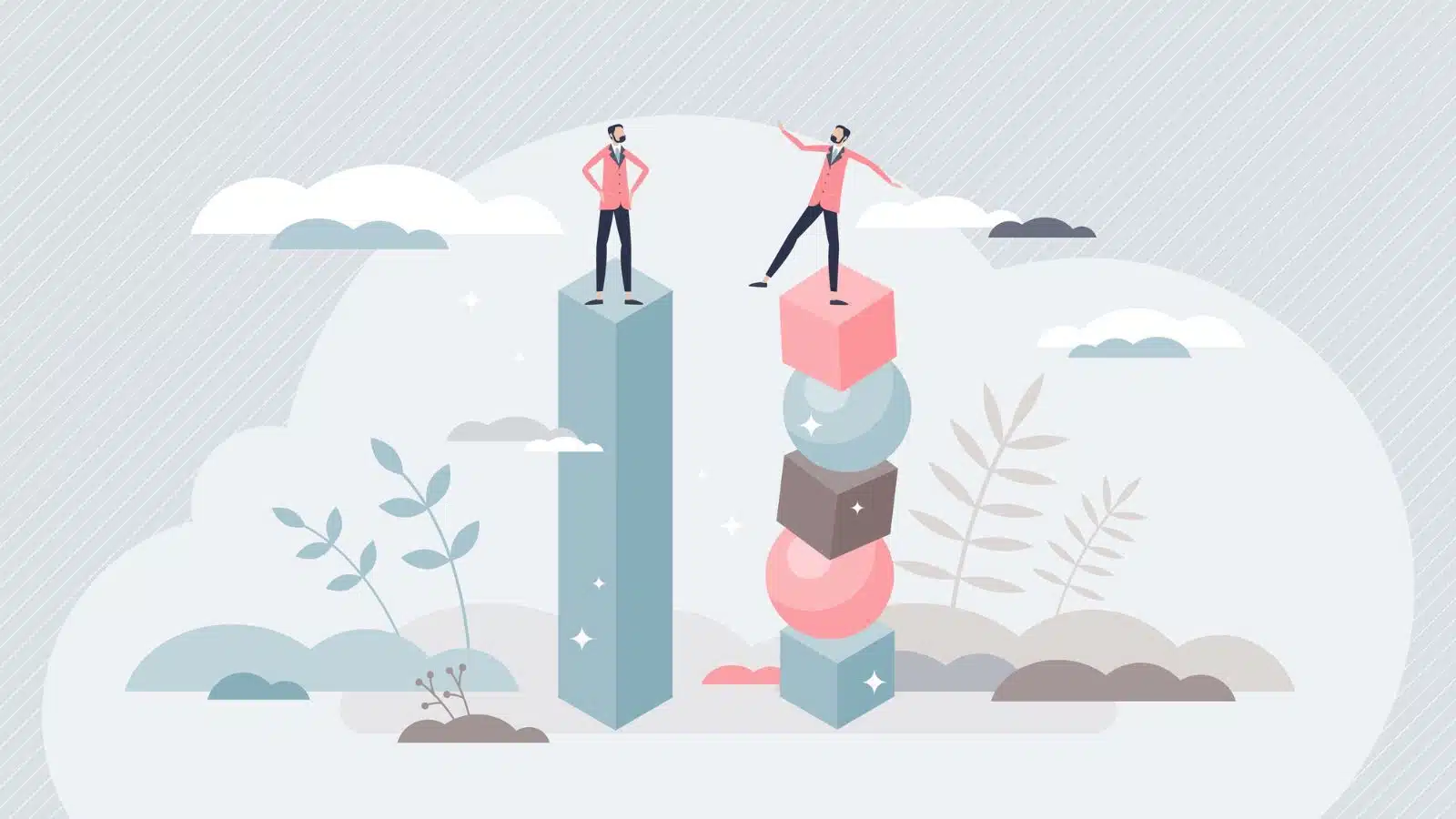 Illustration of a man standing proudly on a stable platform, while another version of himself balances precariously on another platform made from circles and squares to represent instability.
