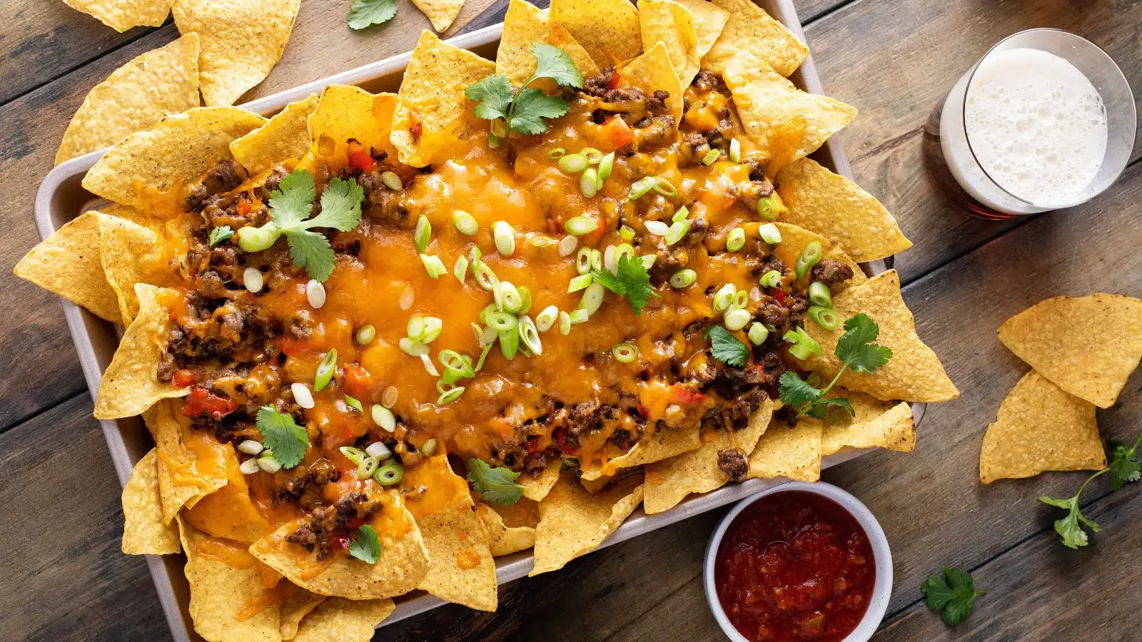 A tray of loaded nachos.