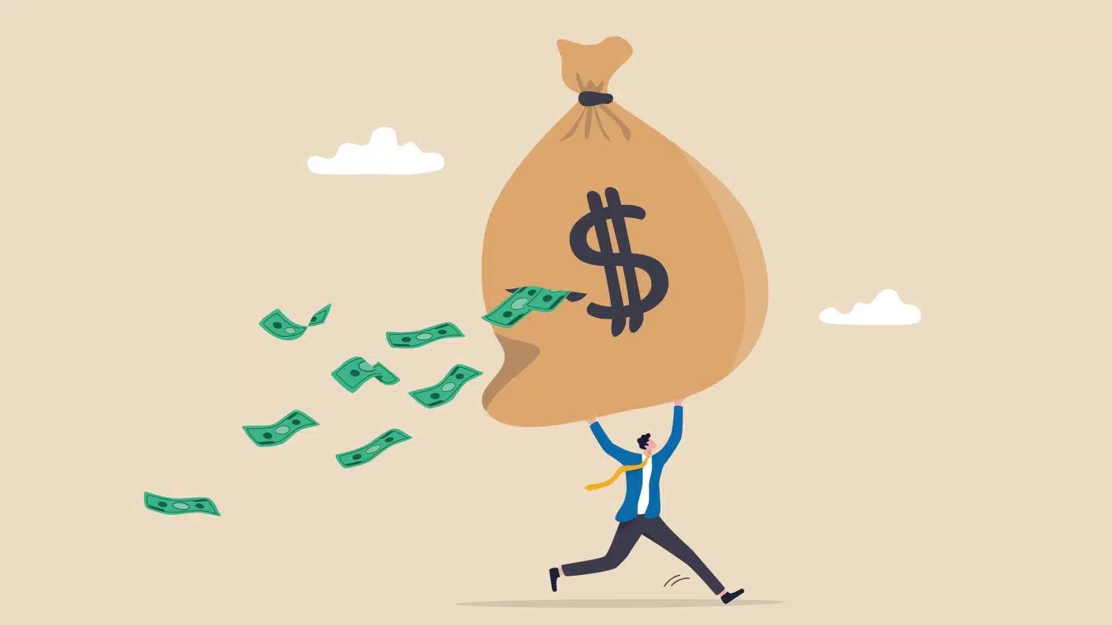 Illustration of a man running with a giant sack of money, but he doesn't notice the money is spilling out.