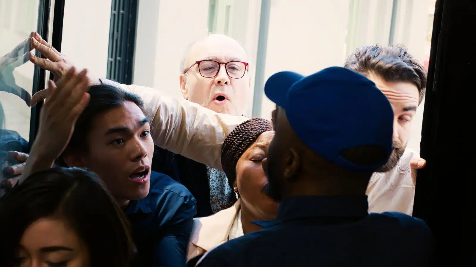 A group of shoppers pushing to the front of a line.