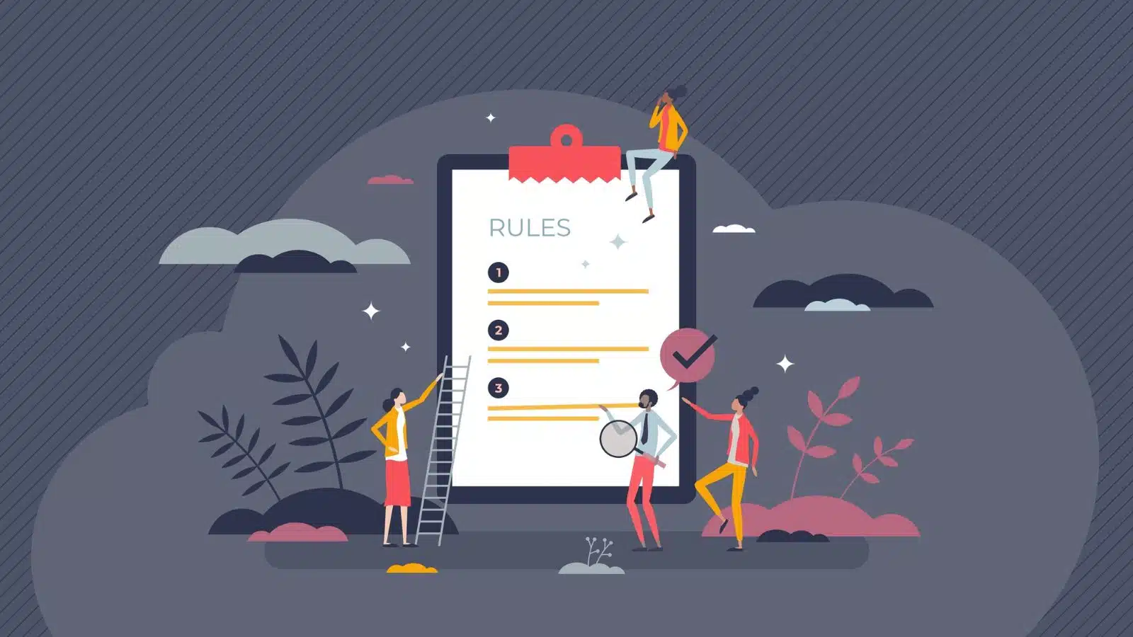 Graphic depicting a large clipboard with a paper labeled "rules".