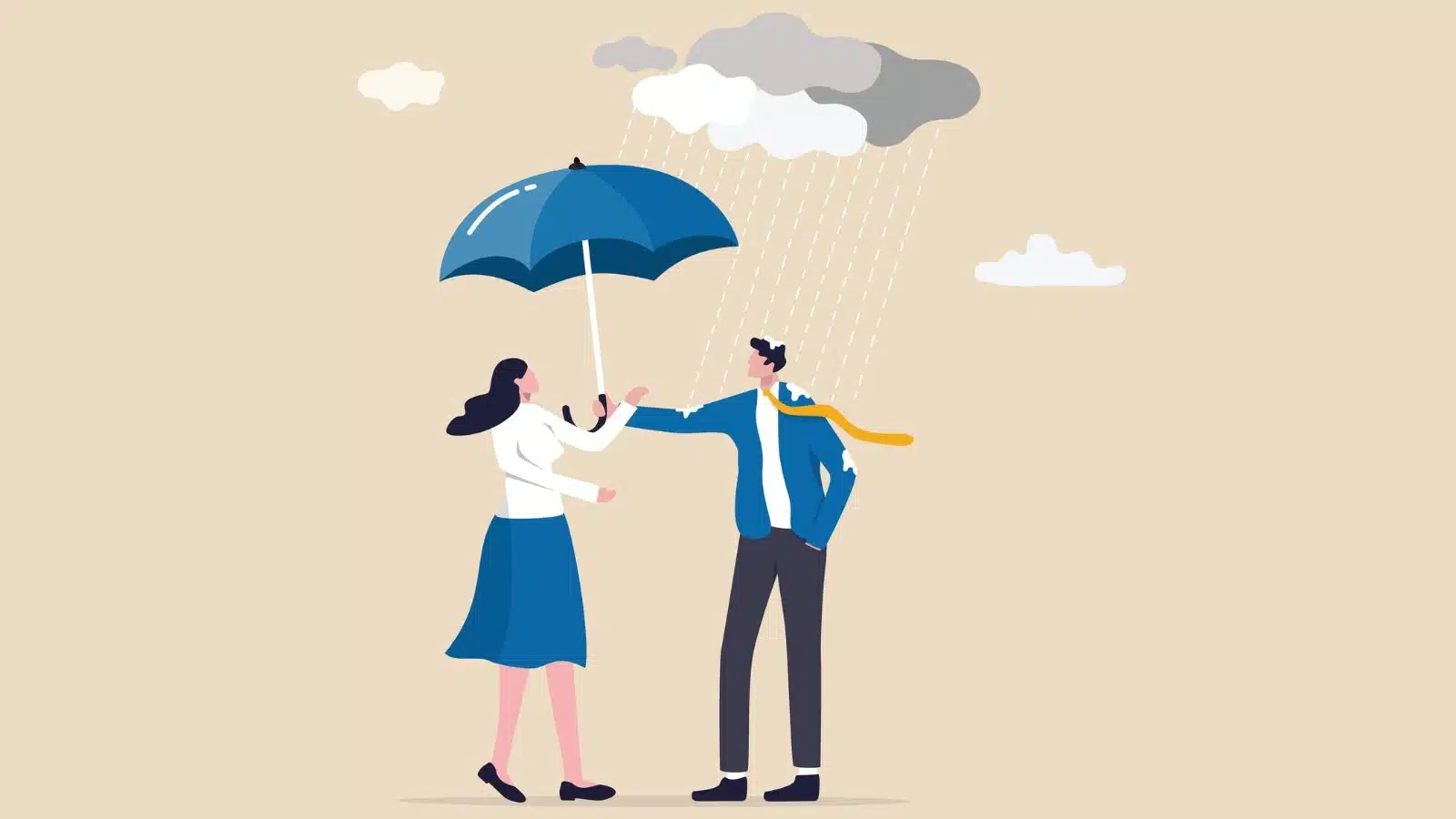 A man hold his umbrella over a woman, getting wet while she stays dry to illustrate selflessness.