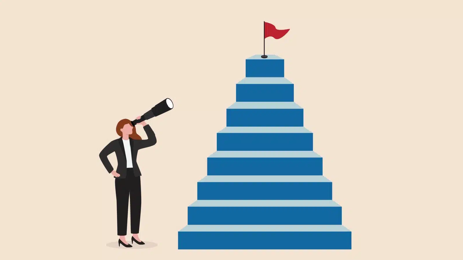 Graphic of a woman with a small telescope looking at the red goal flag at the top of pyramid. The image represents the question "what's your why" while the flag represents the end goal.