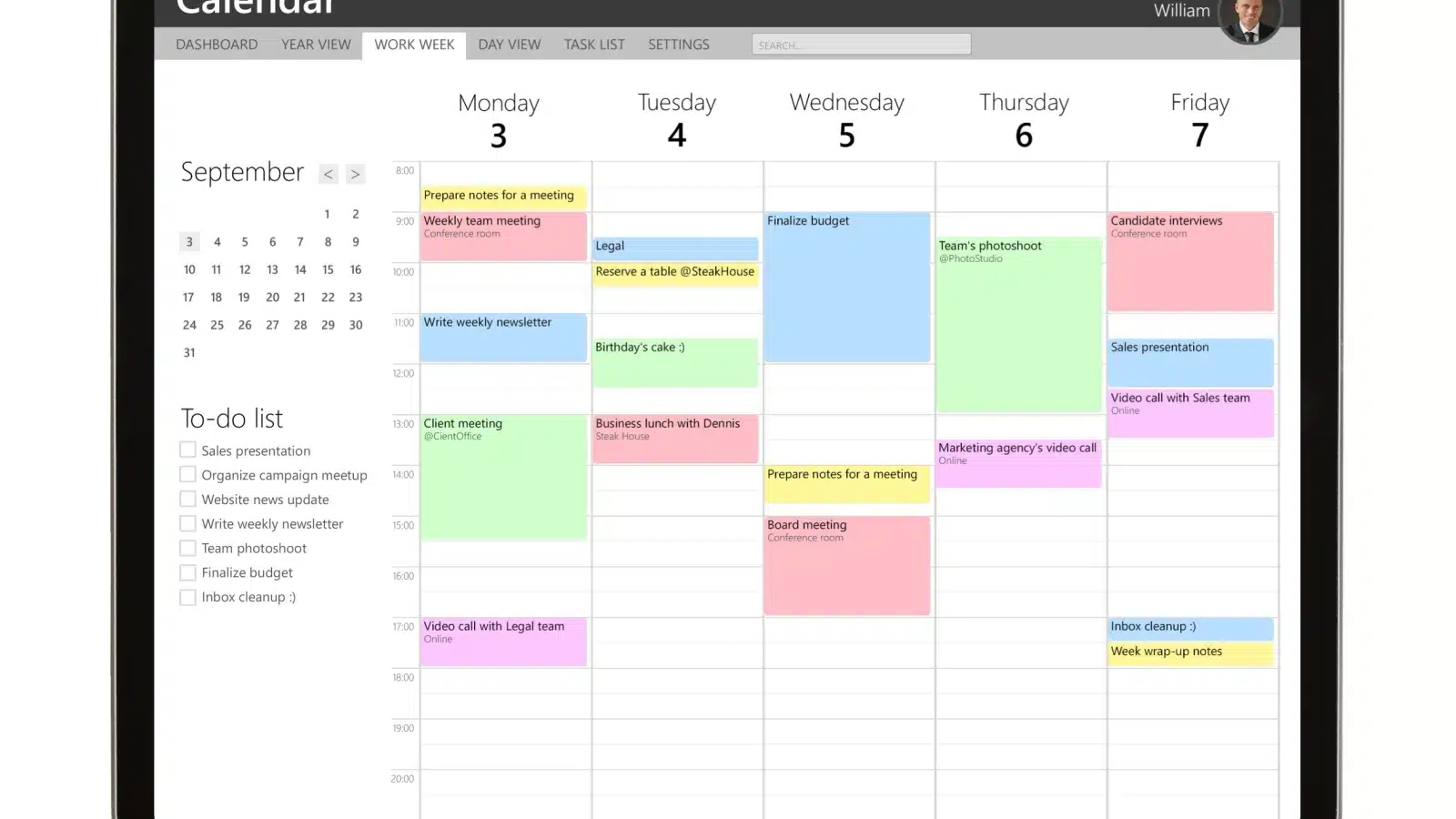 A work calendar app showing blocks of time set aside to focus on specific tasks.