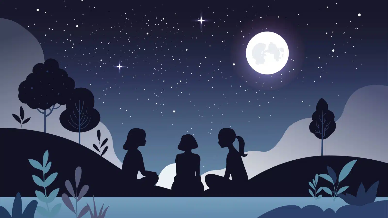 Illustration featuring a group of young women sitting in the moonlight together.