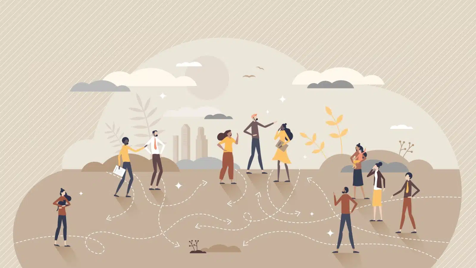 Graphic with various people grouped on different paths, to represent the idea that finding a coach is different for everyone.