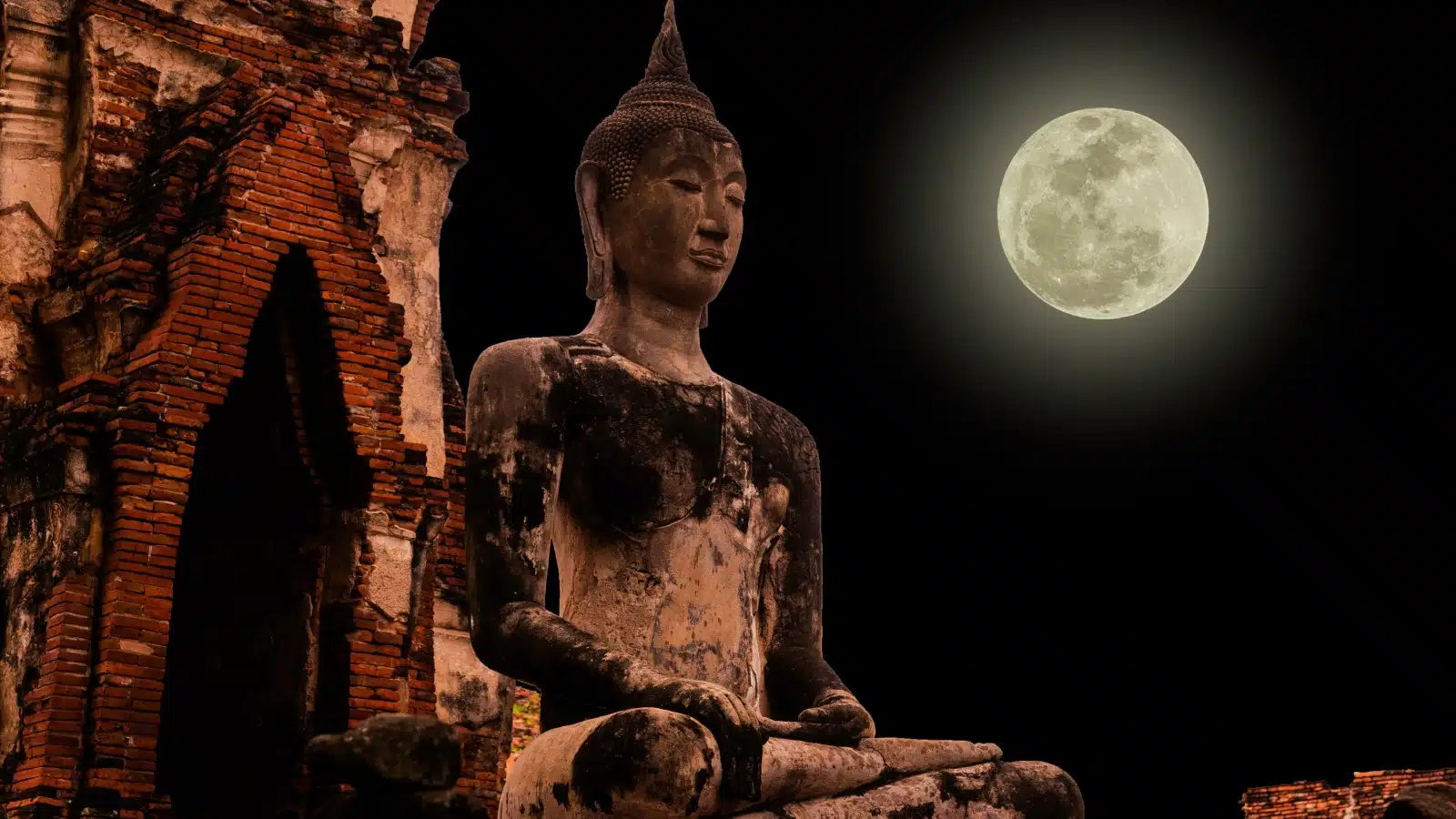 An ancient Buddhist temple in the light of the full moon.