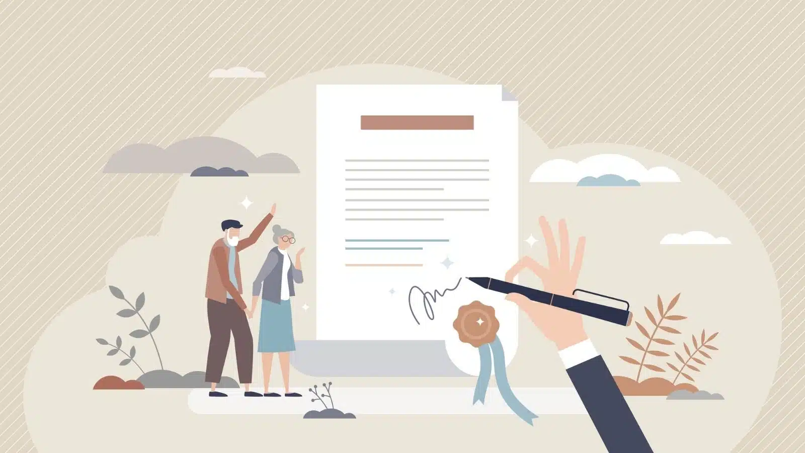 Illustration showing a hand notarizing a senior couple's will and estate plan.