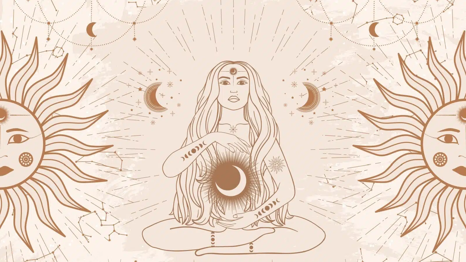 Esoteric style illustration of a moon goddess, with the sun on either side.