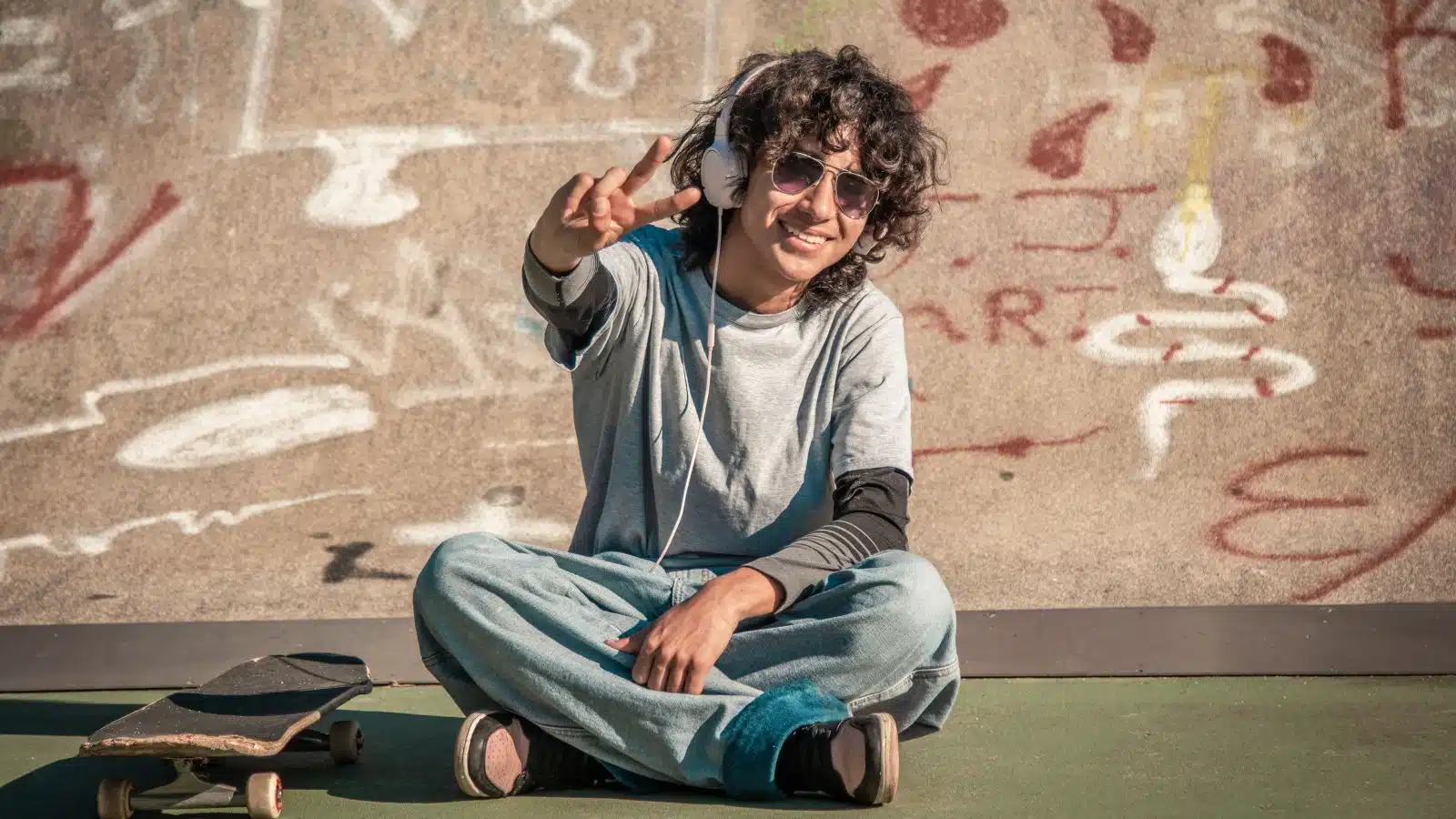 A happy skater sits next to his skateboard while taking a break.