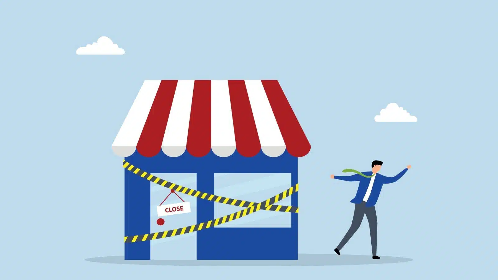 Graphic of a man closing his store after it has declared bankruptcy and gone out of business.