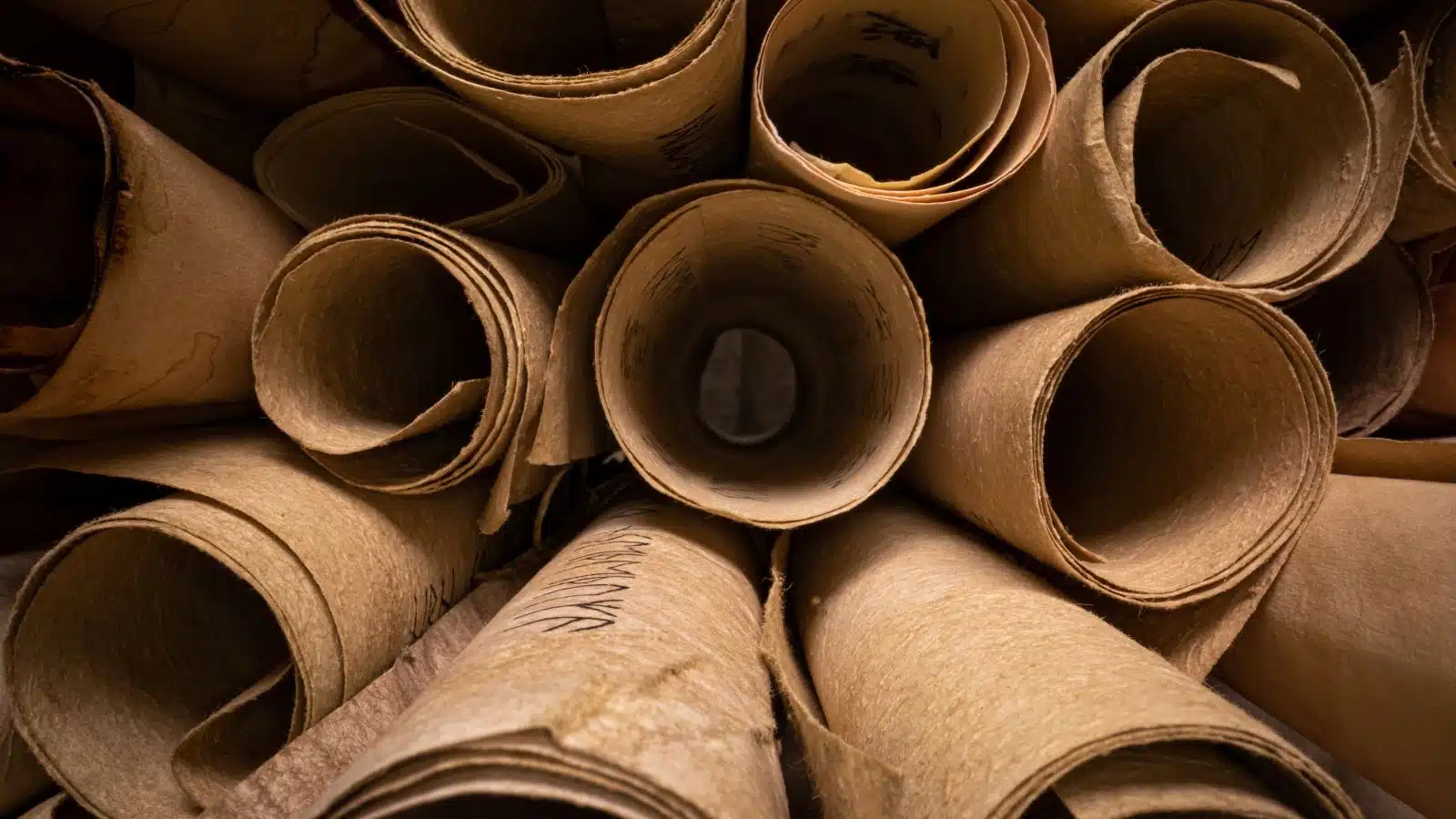 Rolled up ancient scrolls provide historical records.