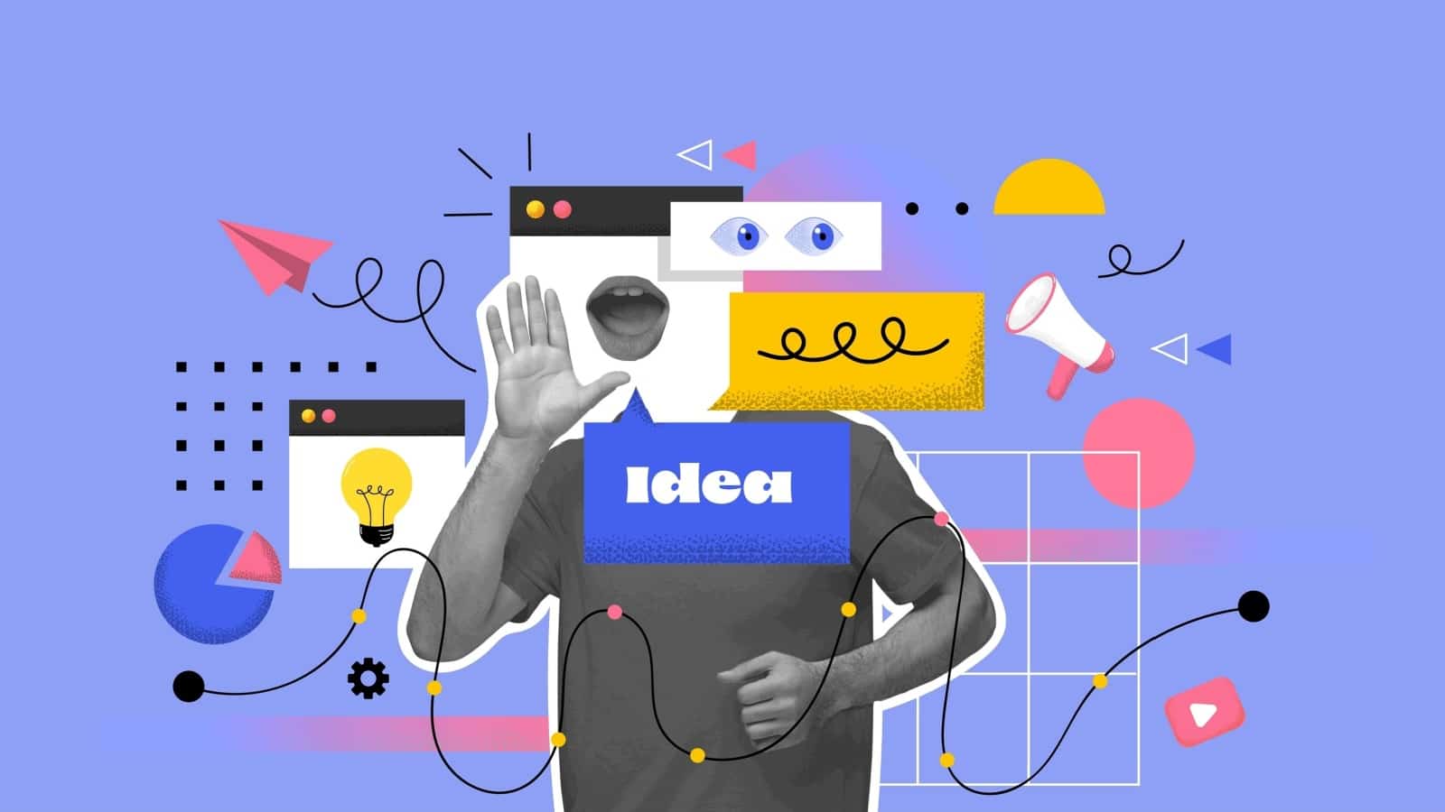Graphic with a variety of creative icons representing creative inspiration. Representations of a man speaking, with megaphones and the creativity icon represent creative quotes.