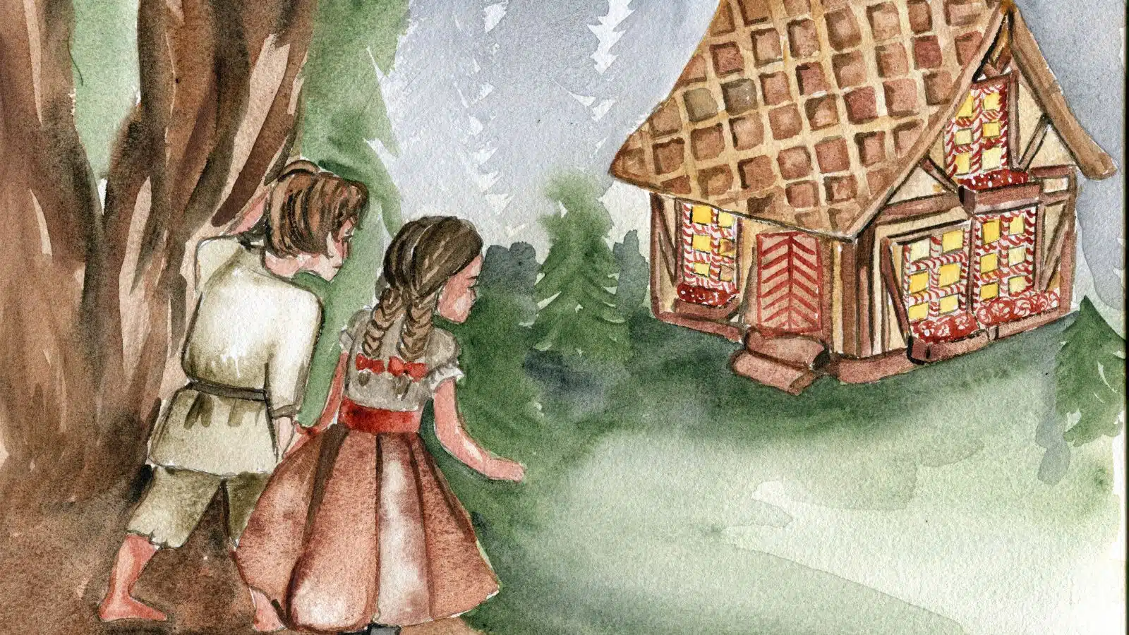Illustration of Hansel & Gretel approaching the witch's house in the famous fairy tale.