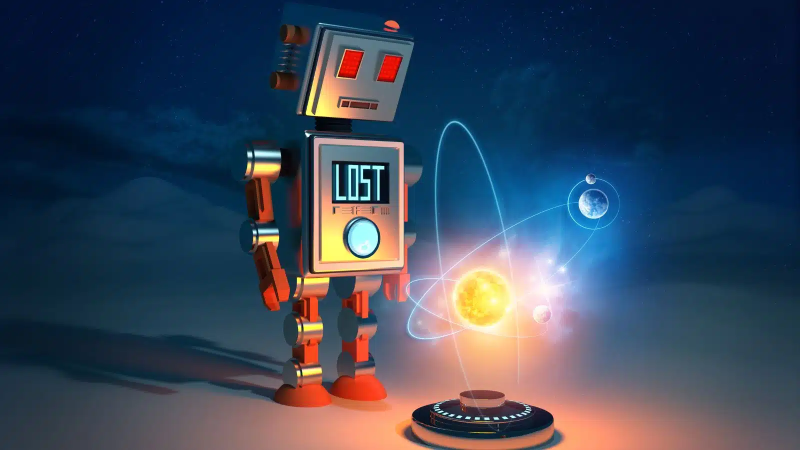 A lost robot ponders its purpose.