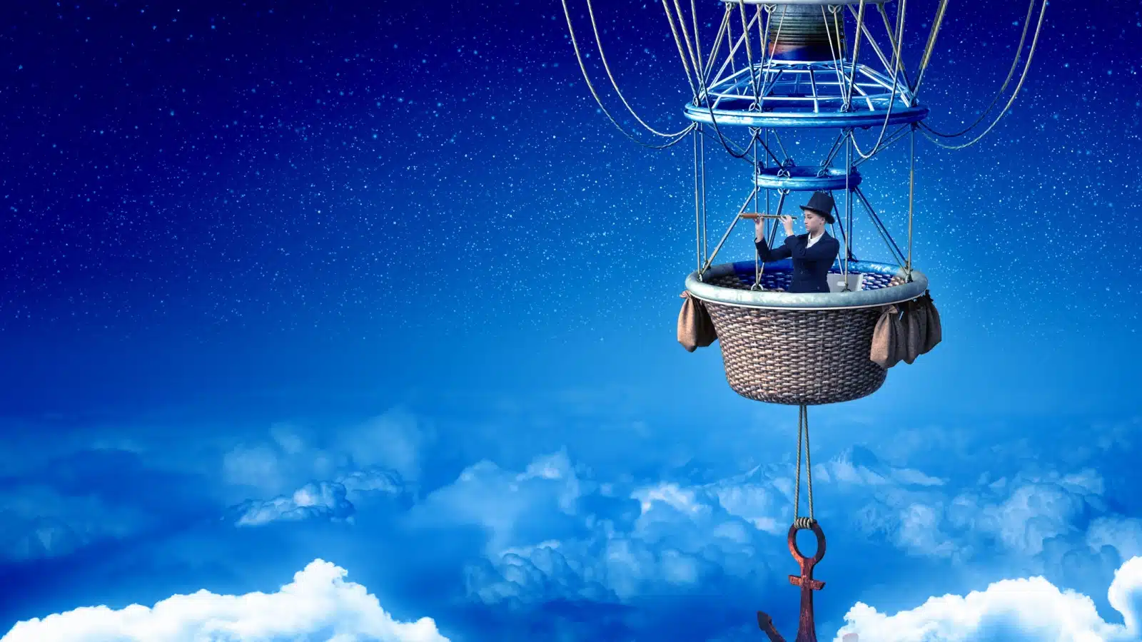 In a dream world, a woman is in a hot air balloon, looking in the distance with a telescope.