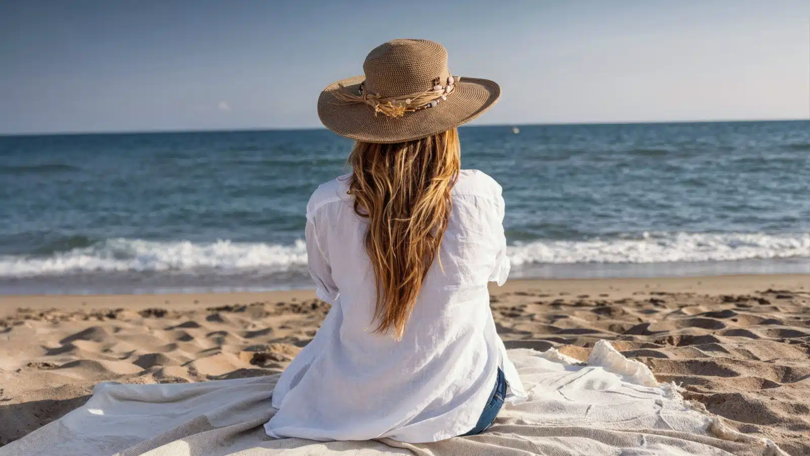 A woman enjoys a moment on a quiet beach. She represents mindfulness as she's fully present in her enjoyment of the moment.