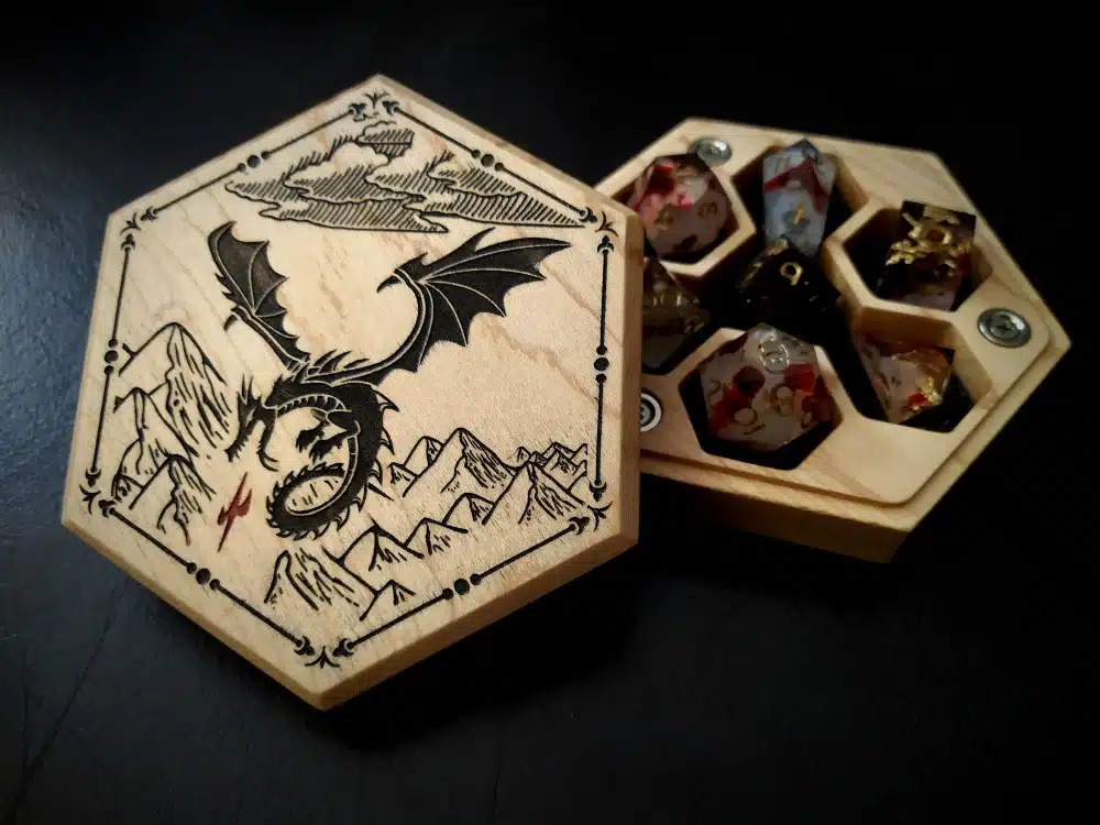 A dragon dice box made by Cody Terry of The Alchemist's Circle