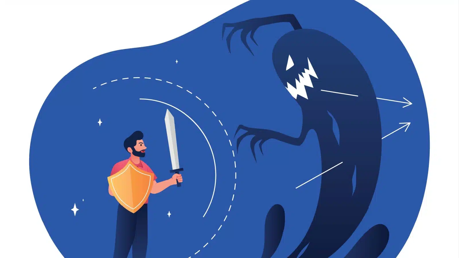Illustration of a man with a sword facing one of his subconscious fears, represented as a monstrous shadow.