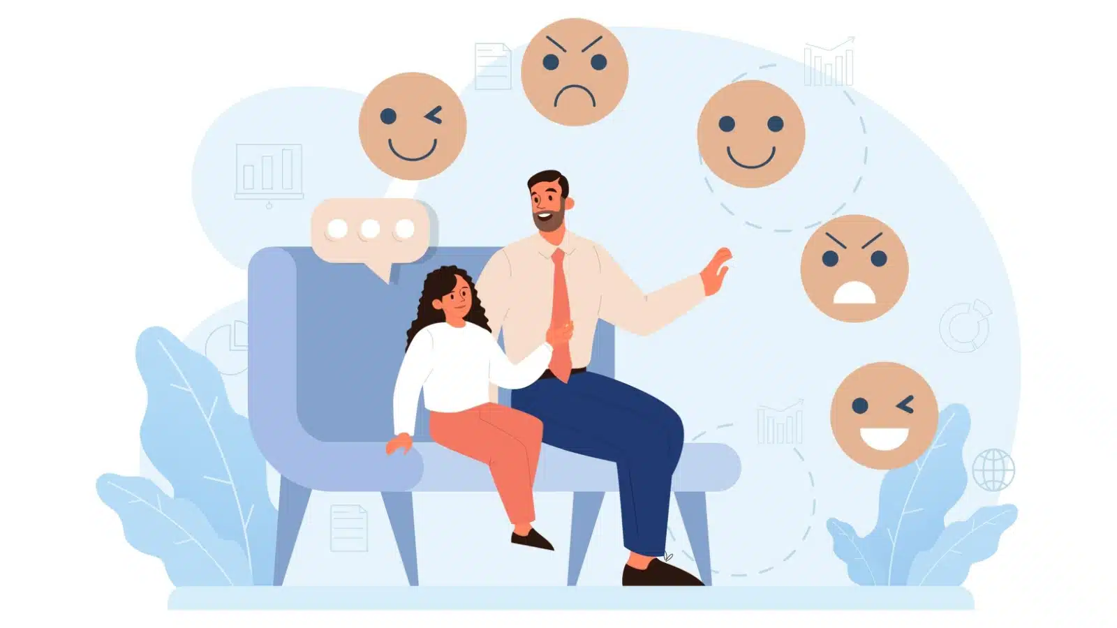 Graphic of a father teaching his daughter how to identify emotions and learn emotional intelligence.
