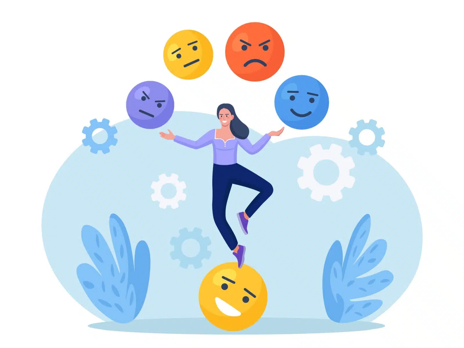 Graphic of a woman who manages emotions by juggling them while balancing on a happy ball.