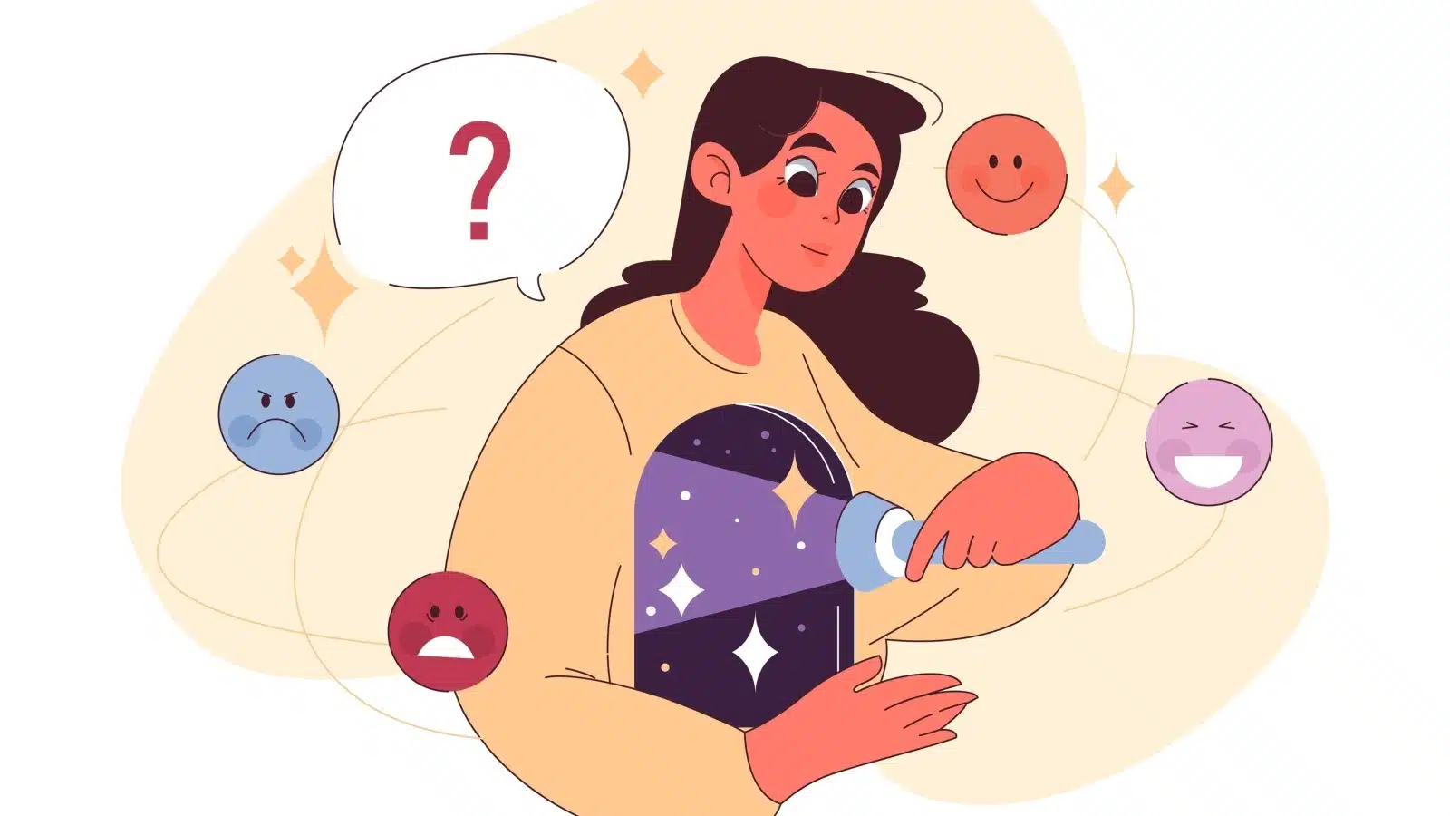 Graphic of a woman looking inside herself to represent self-awareness.