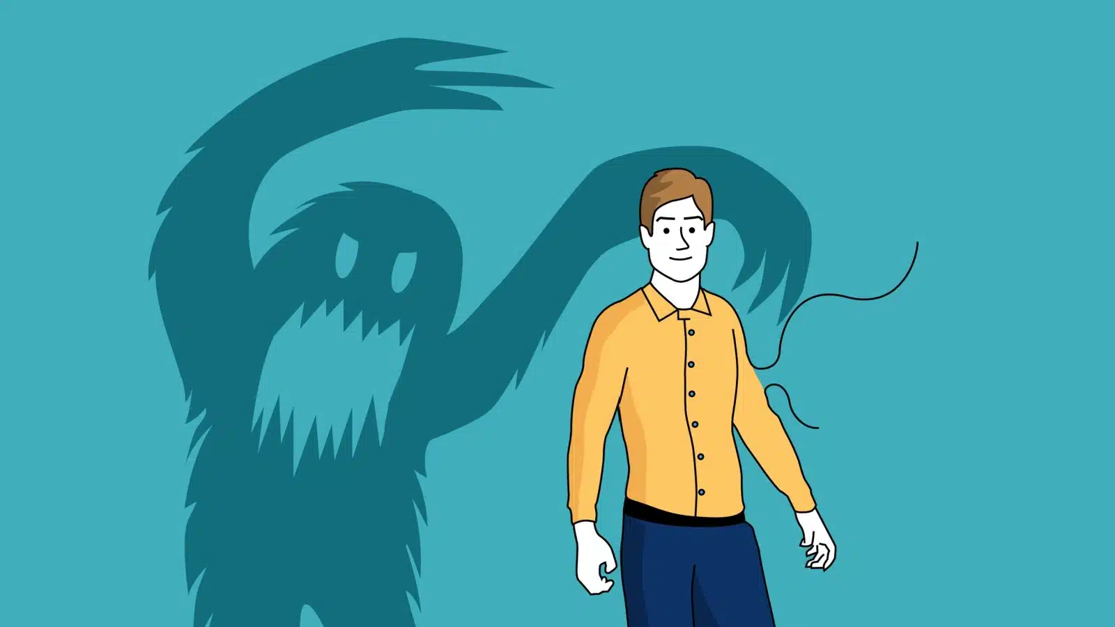 A man's shadow is a monster trying to attack him to represent confronting your inner demons through shadow work.