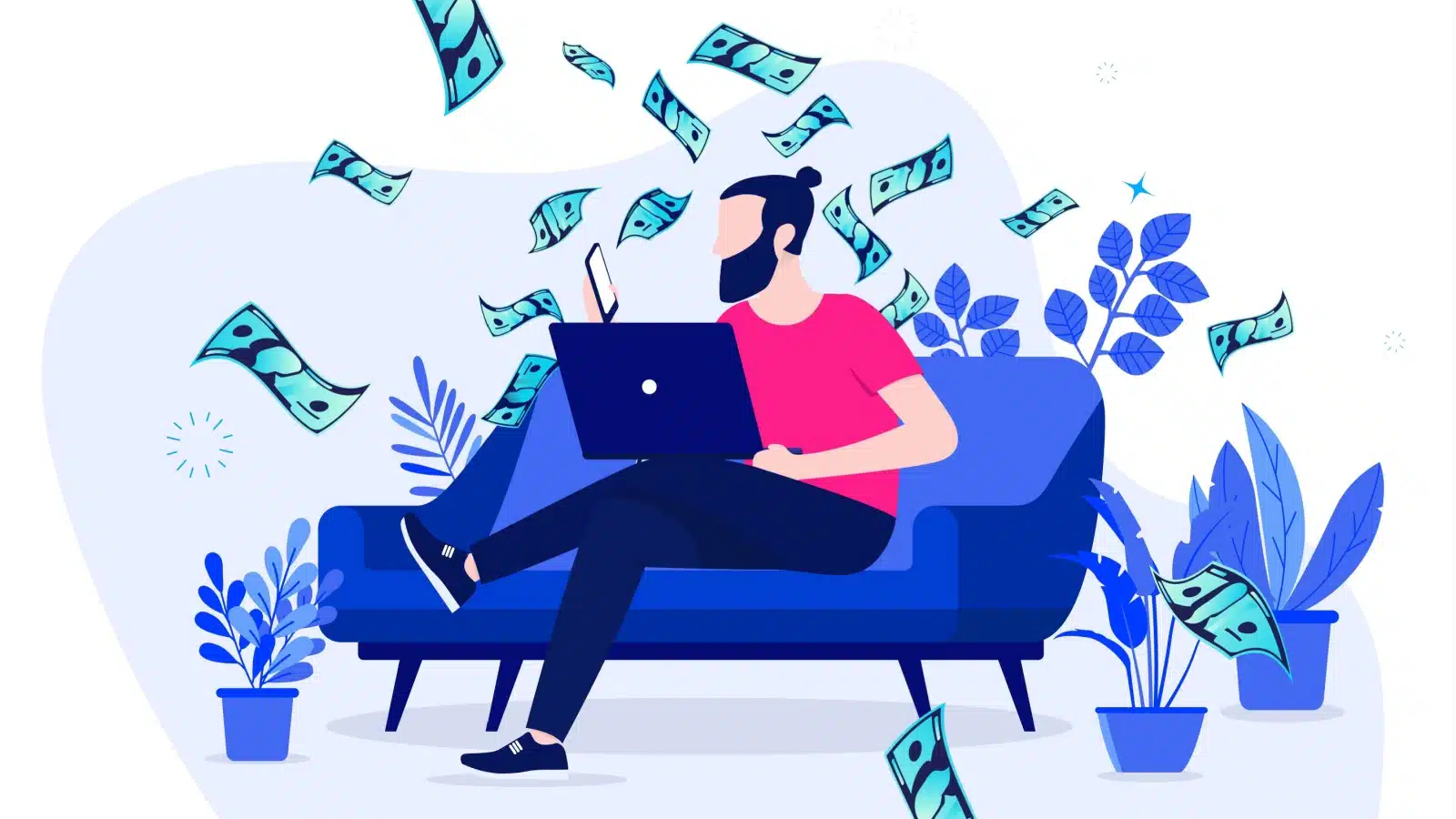 Cartoon image of a man sitting on a couch working on his side hustle, surrounded by floating cash.