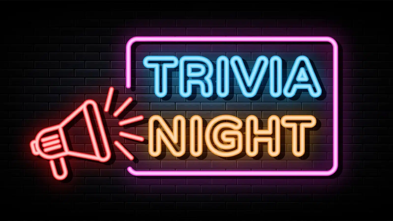 A neon sign announcing trivia night.