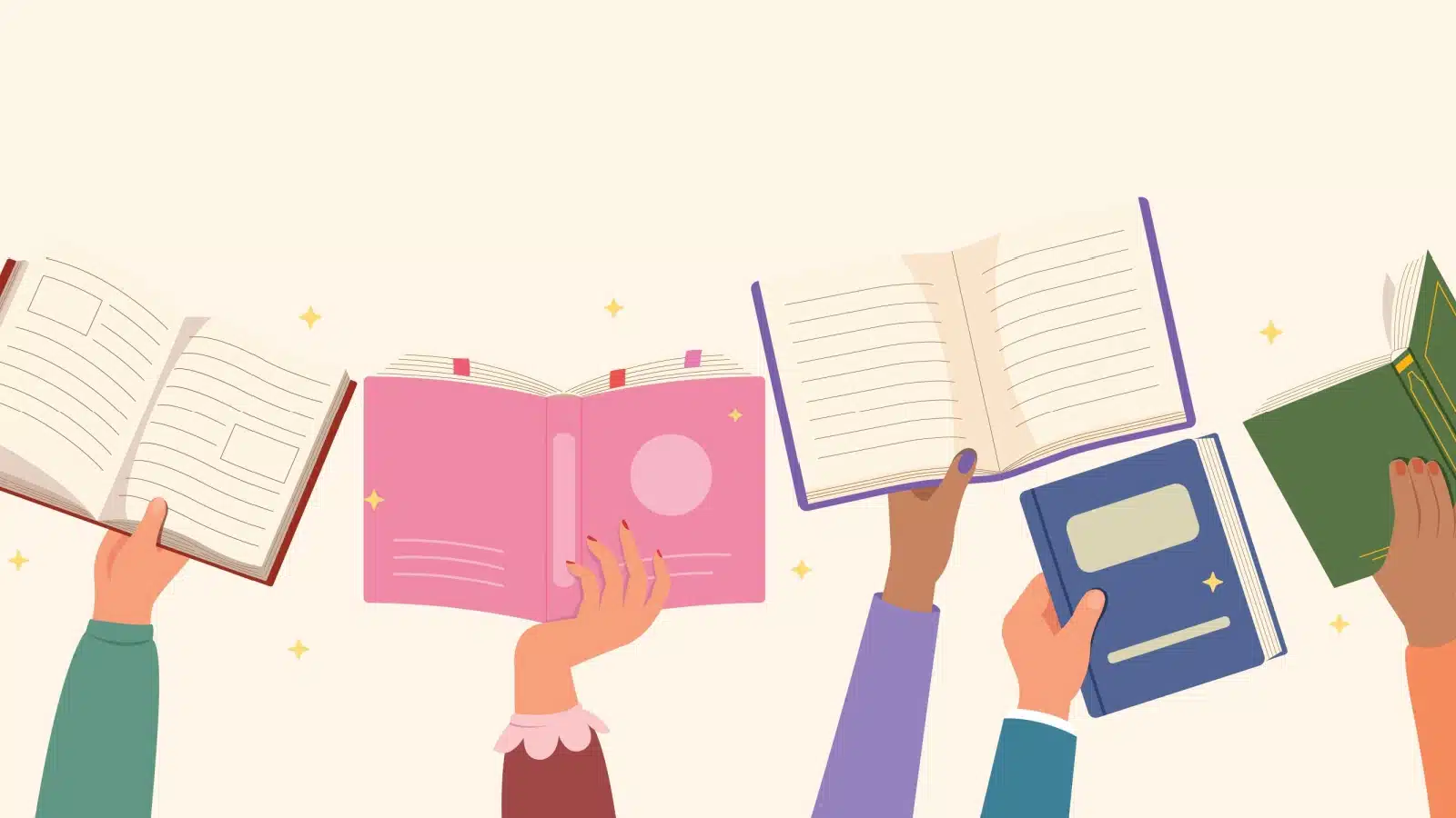 Illustration of hands holding up different books.
