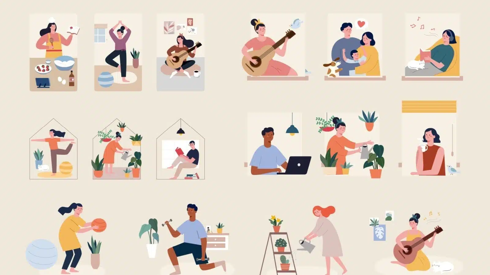 Graphic showcasing a variety of green flag hobbies like fitness, playing an instrument, gardening, and painting.