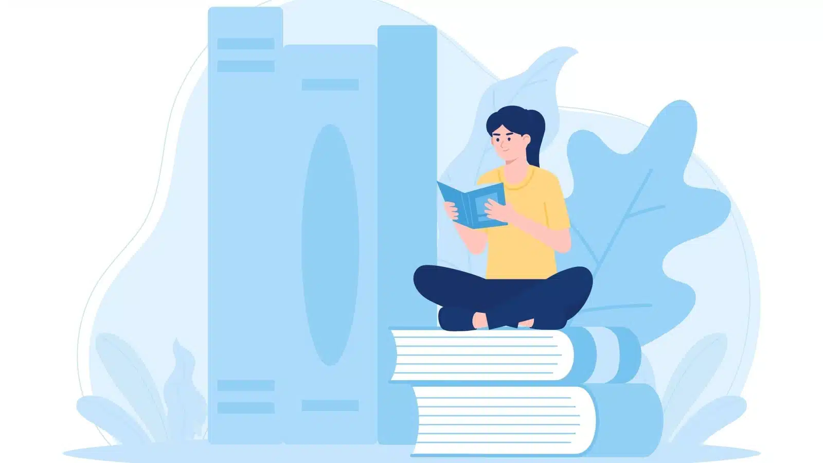 Illustration of a woman sitting on top of books, reading. 