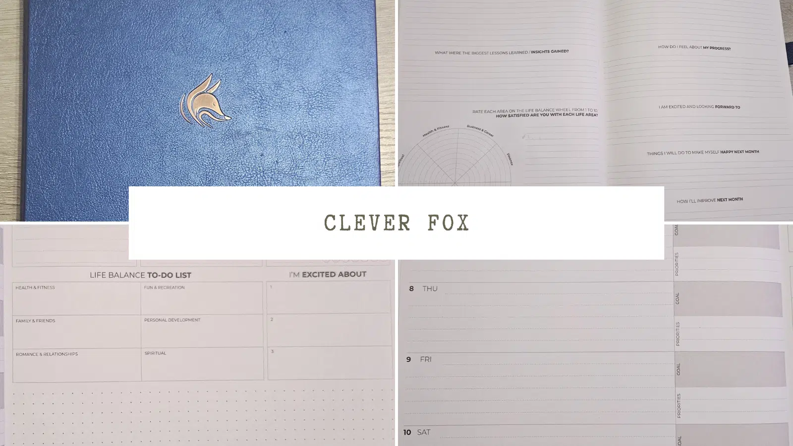 Collage featuring four images of the Clever Fox planner.
