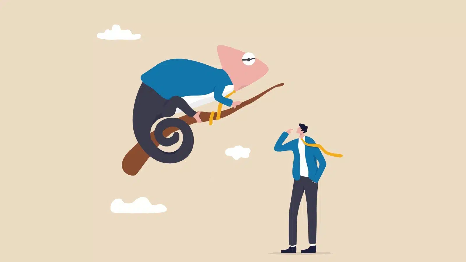 Illustration of a man thinking of himself as a chameleon in a business suit to represent adaptability.