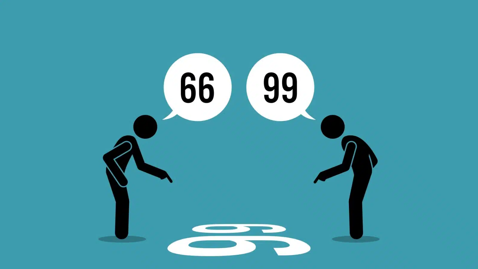 Cartoon illustration how things look different from different perspectives. Two people are arguing over a number on the ground. It looks like a 66 to one of them, and a 99 to the other.