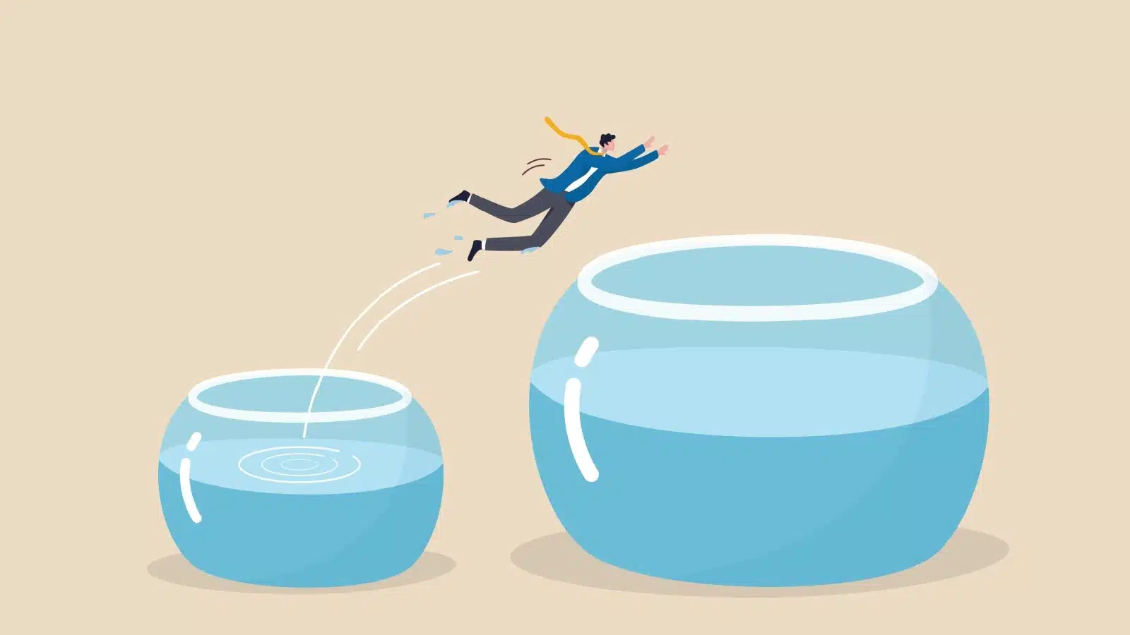 Cartoon of a business man diving from a small fish bowl into a larger fish bowl, to represent expanding your comfort zone.