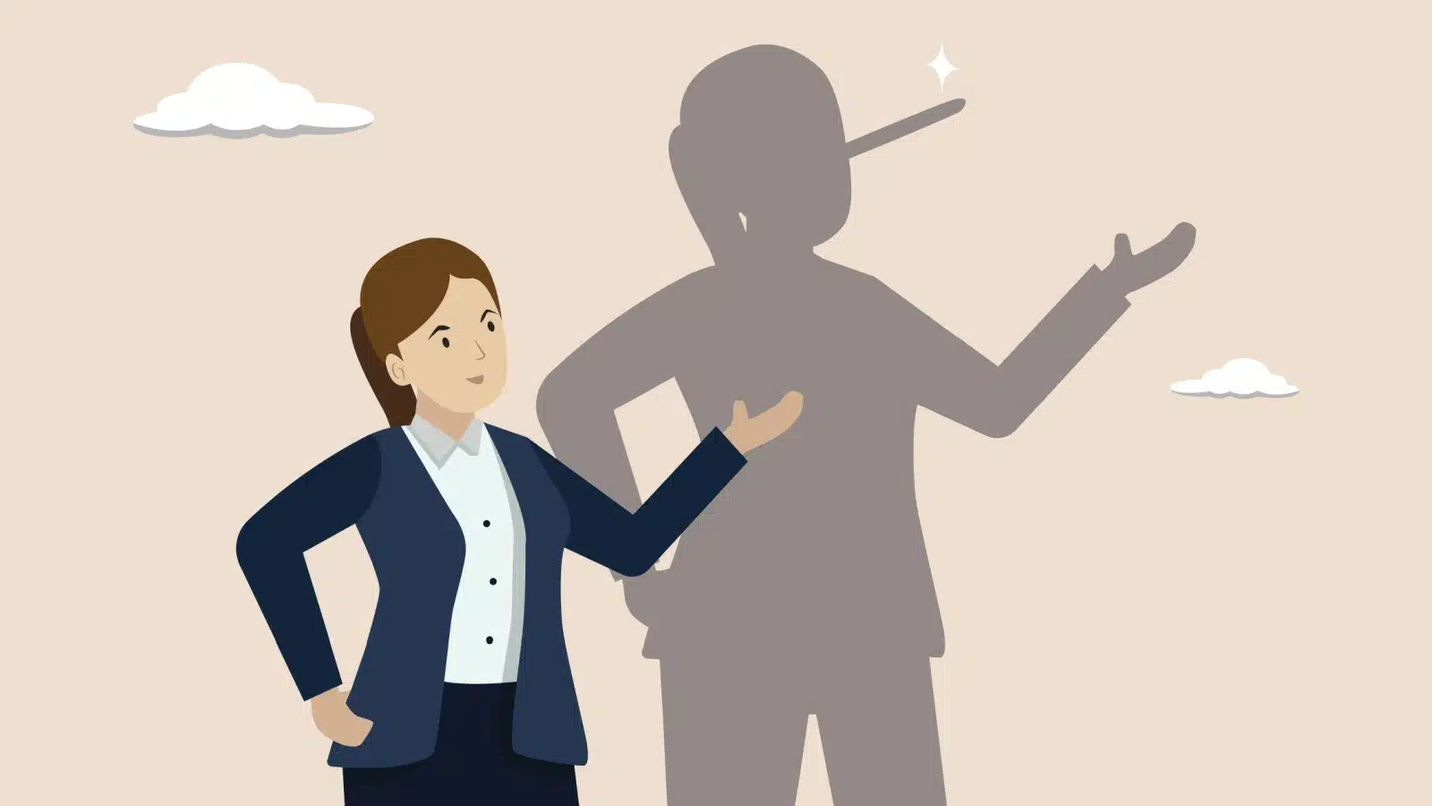 A cartoon woman's shadow has a long nose, indicating that she's a liar or faking something.