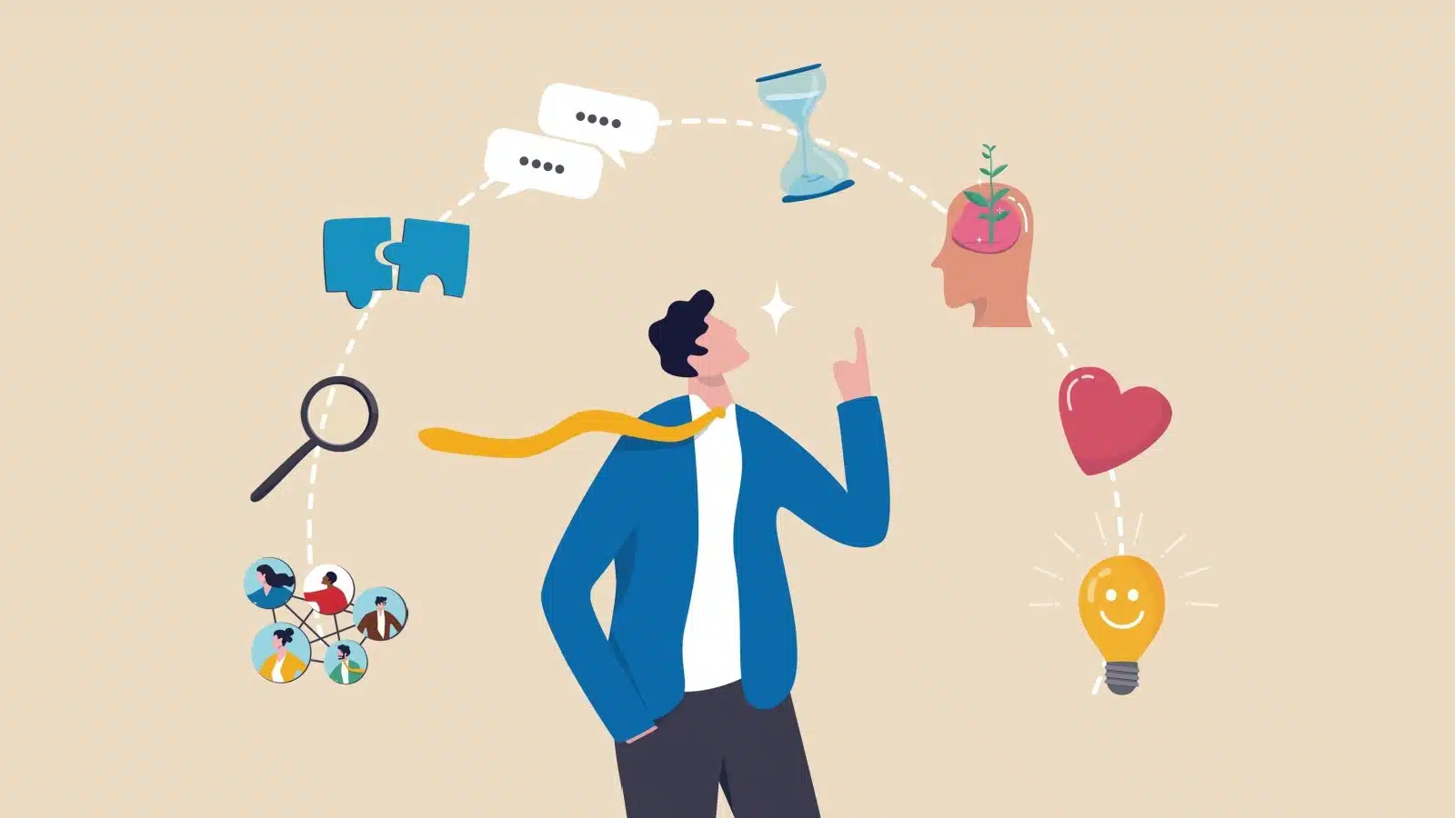 Graphic of a man with skills circling above him. He's pointing to one he wants to develop.