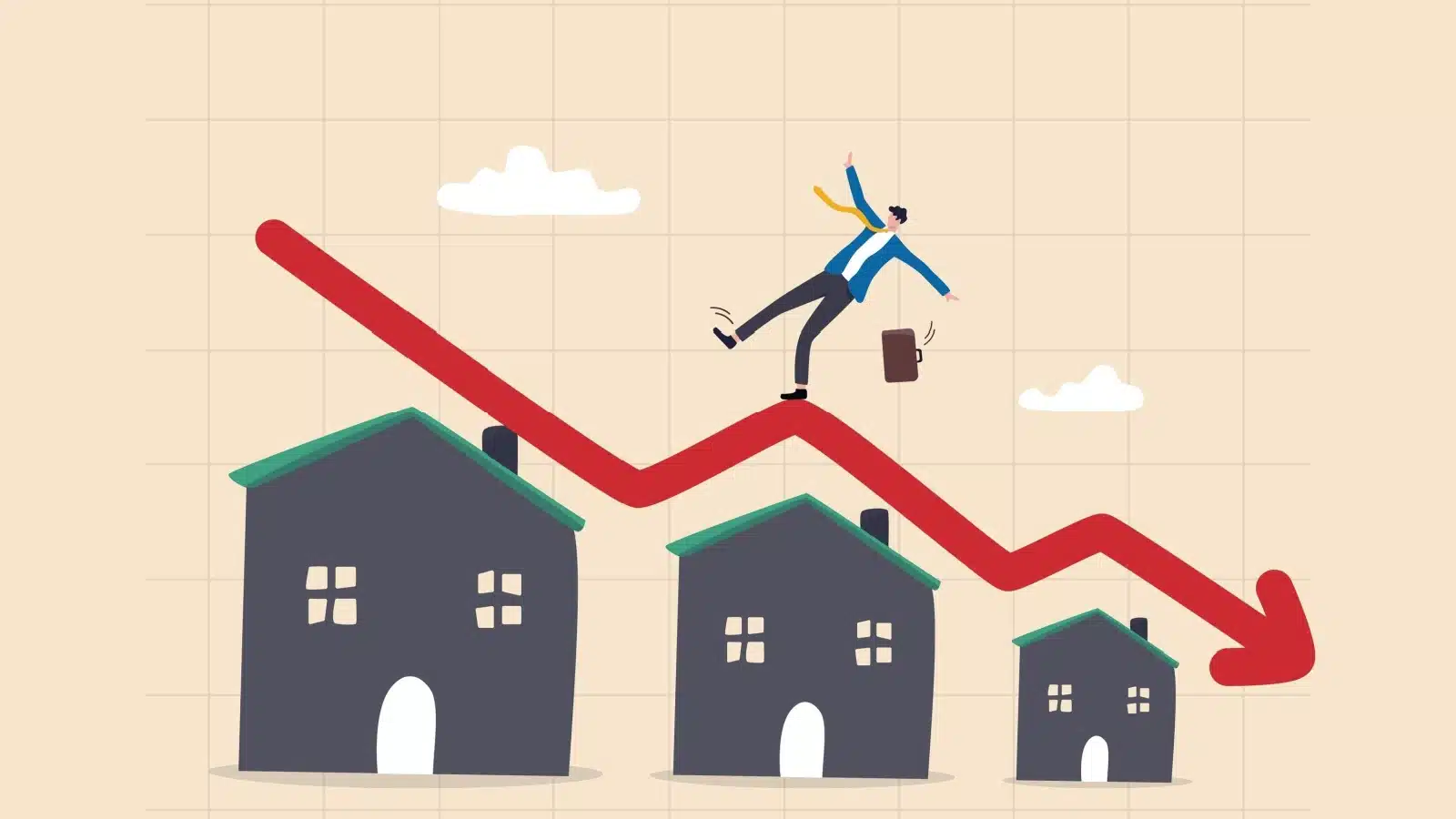 Illustration of a man teetering on a red arrow that's pointing down as property values decline.